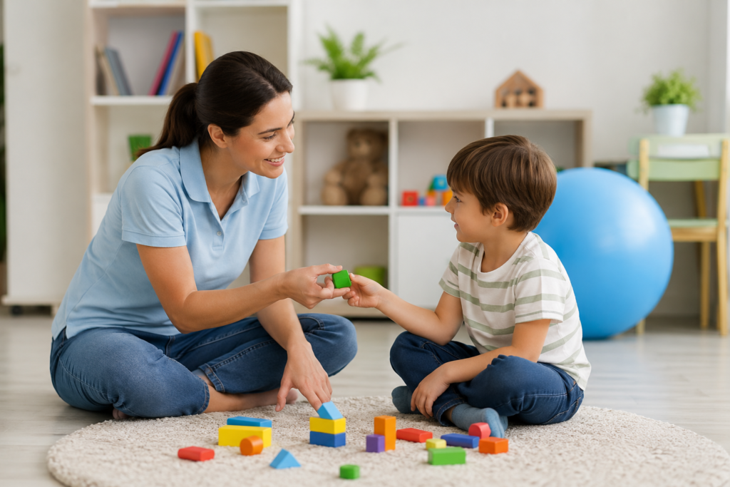 Playful therapy moment in a friendly room