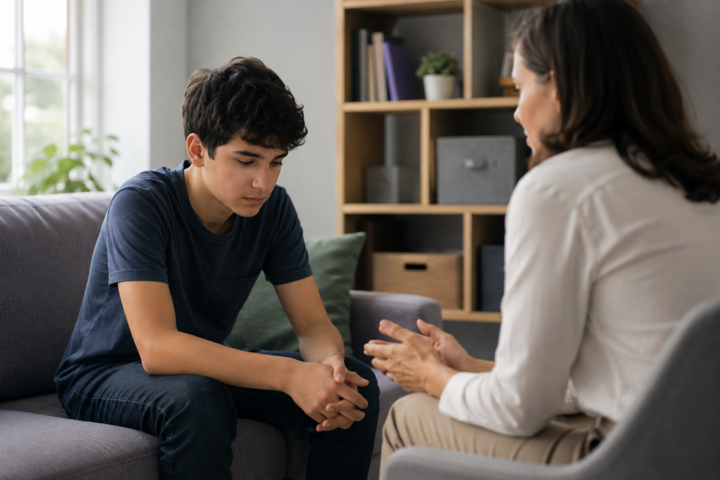 Therapy session with supportive conversation